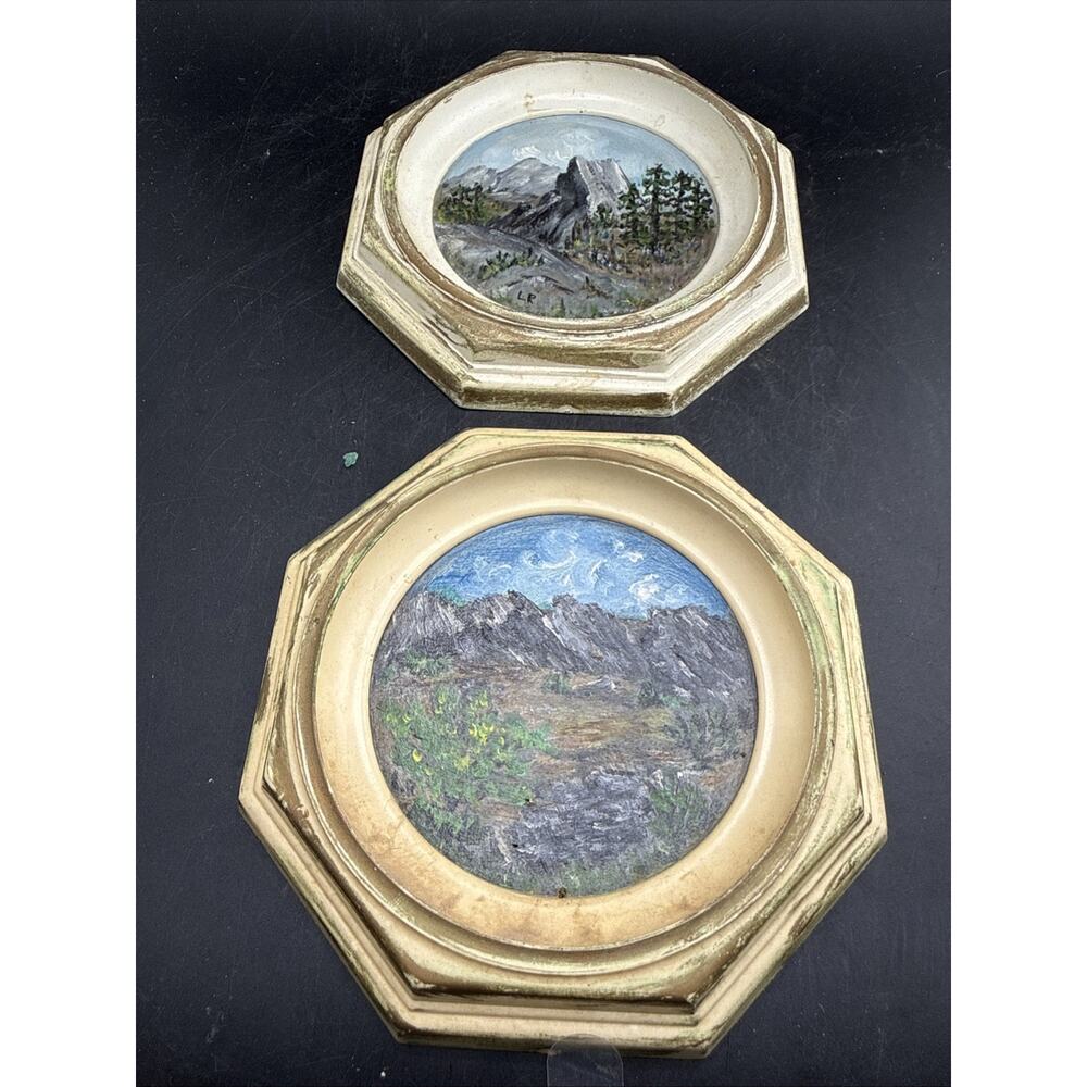 Vintage Hand Painted Mountain Landscape Wall Plaques Set Gold Frame Signed